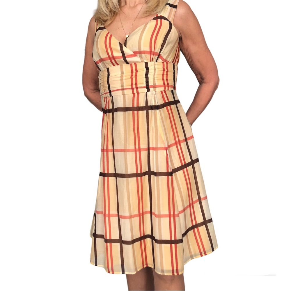 Bianca Nygard Sun Dress size 6 Petite yellow with orange & brown stripes lined